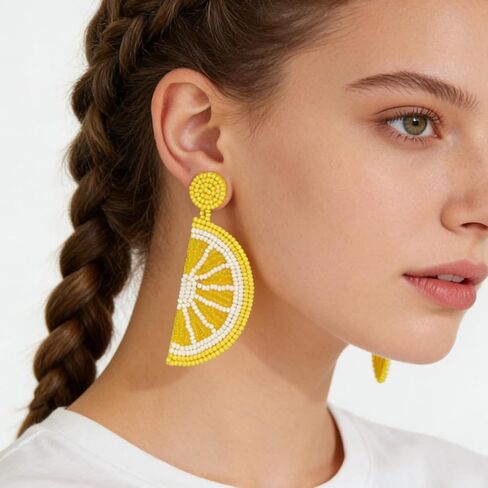 Lemon Earrings for Women, Yellow and White Beaded Fruit Earrings, Cute Lemon Slice Jewelry Gifts, Lightweight Dangle Earings Accessories in Kuwait