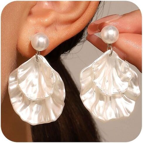 Pearl Seashell Earrings for Women Lightweight White shell Dangle Drop Earrings Elegant Wedding Statement Summer Beach Vacation Jewelry Gifts in Kuwait