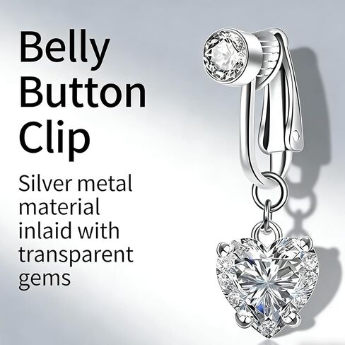 Stylish Zirconia Belly Button Clip Rings Set of 2 – Round & Heart Diamond Design, No Piercing Navel Rings, Adjustable Comfortable Copper Body Jewelry for Women in Saudi Arabia