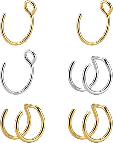 6 PCS Nose Ring Fake Hoops, Clip on Nose Ring No Piercing Fake Septum Rings for Women, Clip on Gold Faux Cuff Lip Rings Non Piercing Jewelry Helix Cartilage Hoop Earrings in Saudi Arabia