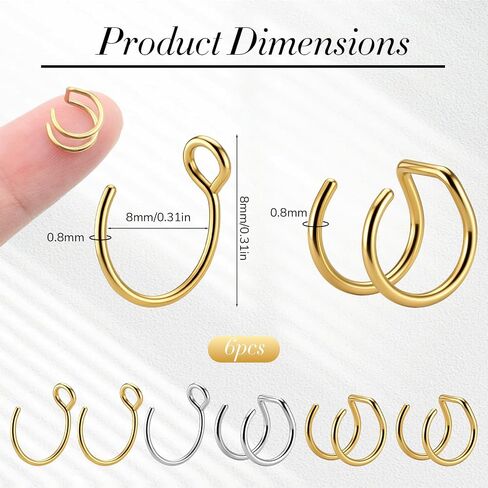 6 PCS Nose Ring Fake Hoops, Clip on Nose Ring No Piercing Fake Septum Rings for Women, Clip on Gold Faux Cuff Lip Rings Non Piercing Jewelry Helix Cartilage Hoop Earrings in Saudi Arabia