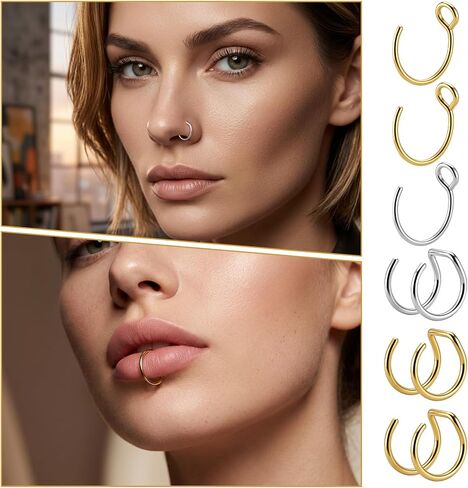 6 PCS Nose Ring Fake Hoops, Clip on Nose Ring No Piercing Fake Septum Rings for Women, Clip on Gold Faux Cuff Lip Rings Non Piercing Jewelry Helix Cartilage Hoop Earrings in Saudi Arabia