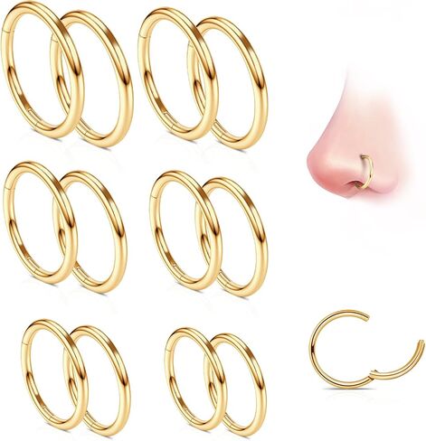 12 Pcs Nose Rings for Women: 14G 16G 18G 20G Surgical Steel Septum Hoop Clicker Hypoallergenic Cartilage Earrings Conch Piercing Jewelry Silver Black Gold Rainbow Rose Gold 6mm 7mm 8mm 9mm 10mm 12mm in Saudi Arabia