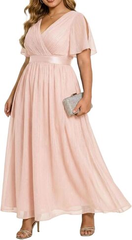 Talisea Plus Size Formal Dress - Chiffon V Neck Bridesmaid Wedding Guest Party Short Sleeve A-Line Floor Length Dresses in Kuwait