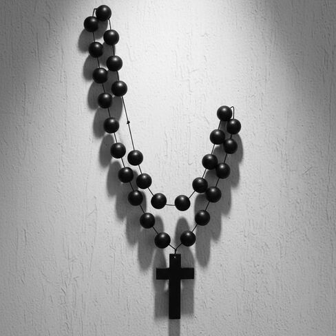 Misdary 30 Inches Rosary Beads Christmas Wall Art Black Natural Wood Chain Jesus Cross Christian Catholic Bead Rosary Necklace Wall Decor for Christmas Baptism First Communion Religious Jewelry Gift in Kuwait