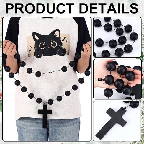 Misdary 30 Inches Rosary Beads Christmas Wall Art Black Natural Wood Chain Jesus Cross Christian Catholic Bead Rosary Necklace Wall Decor for Christmas Baptism First Communion Religious Jewelry Gift in Kuwait