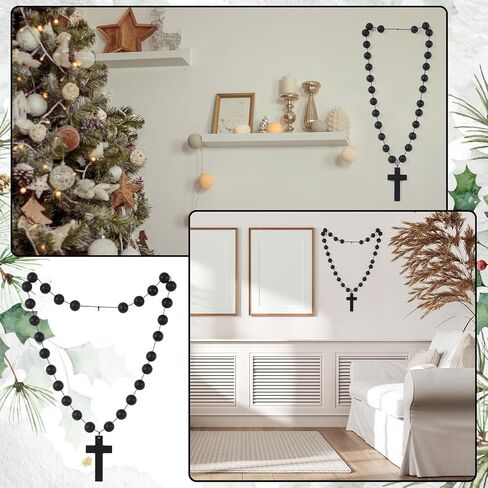 Misdary 30 Inches Rosary Beads Christmas Wall Art Black Natural Wood Chain Jesus Cross Christian Catholic Bead Rosary Necklace Wall Decor for Christmas Baptism First Communion Religious Jewelry Gift in Kuwait