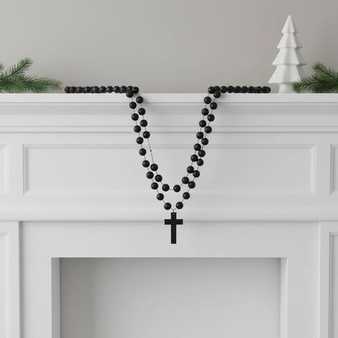 Misdary 30 Inches Rosary Beads Christmas Wall Art Black Natural Wood Chain Jesus Cross Christian Catholic Bead Rosary Necklace Wall Decor for Christmas Baptism First Communion Religious Jewelry Gift in Kuwait