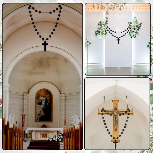 Misdary 30 Inches Rosary Beads Christmas Wall Art Black Natural Wood Chain Jesus Cross Christian Catholic Bead Rosary Necklace Wall Decor for Christmas Baptism First Communion Religious Jewelry Gift in Kuwait