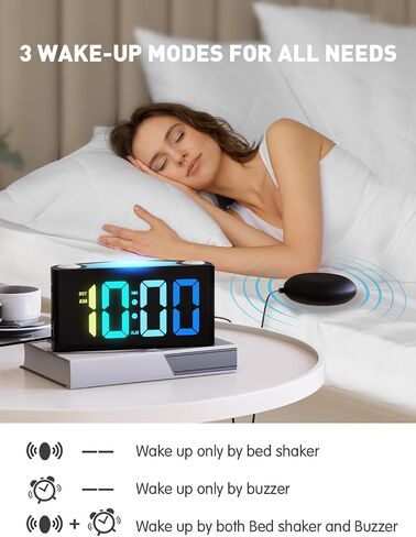 PPLEE Vibrating Alarm Clock for Heavy Sleepers Adults Kids & Seniors, Bed Shaker Alarm Clock with 3 Wake-Up Modes, 7.5" RGB Large Display, Loud Alarm, Night Light, USB & Type-C Charger, Battery Backup in Saudi Arabia