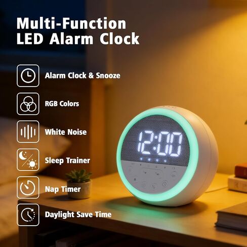 White Noise Sound Machine Alarm Clock with Timer, Portable LED USB Night Light Wake Up Sleep Sound Machine 11 Sounds Digital Night Lights Sleep Aid for Adults Bedroom Office Travel Gifts in Kuwait