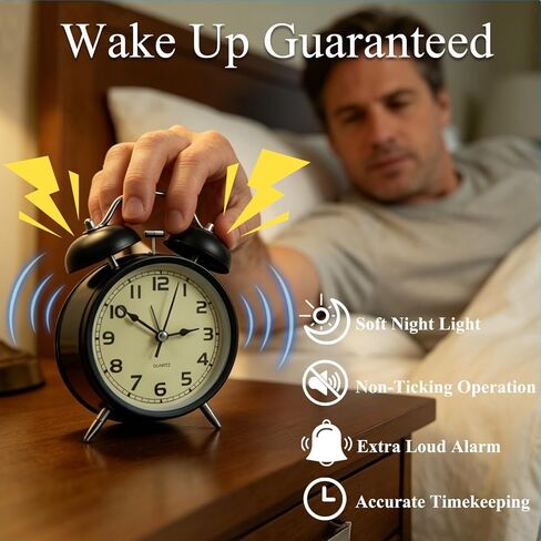 Loud Alarm Clock for Heavy Sleepers, 4" Silent Non Ticking Table Clock with Night Light Vintage Big Ben Twin Bell Alarm Clocks for Bedrooms Desk Gift for Children and Adults in Saudi Arabia
