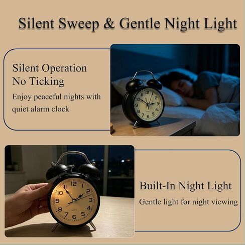 Loud Alarm Clock for Heavy Sleepers, 4" Silent Non Ticking Table Clock with Night Light Vintage Big Ben Twin Bell Alarm Clocks for Bedrooms Desk Gift for Children and Adults in Saudi Arabia