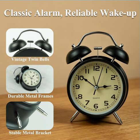 Loud Alarm Clock for Heavy Sleepers, 4" Silent Non Ticking Table Clock with Night Light Vintage Big Ben Twin Bell Alarm Clocks for Bedrooms Desk Gift for Children and Adults in Saudi Arabia