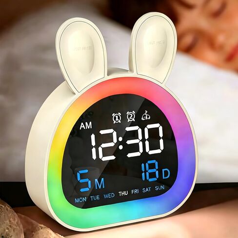 Kids Alarm Clock, OK to Wake Clock for Kids with Touch Control, Bluetooth Time Sync, 9-Color Night Light, 6 Soothing Sounds, Dual Alarm, Kids Alarm Clock Cute Rabbit Gifts for Girls in Saudi Arabia