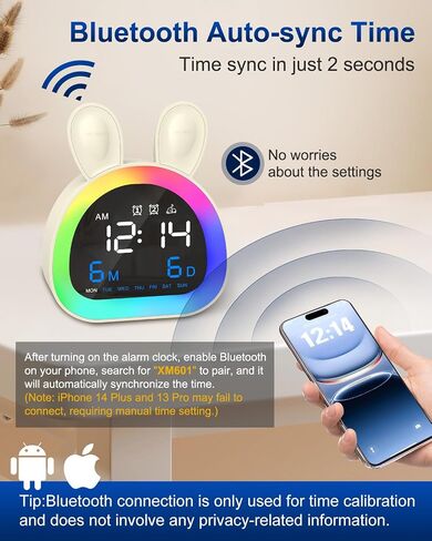 Kids Alarm Clock, OK to Wake Clock for Kids with Touch Control, Bluetooth Time Sync, 9-Color Night Light, 6 Soothing Sounds, Dual Alarm, Kids Alarm Clock Cute Rabbit Gifts for Girls in Saudi Arabia