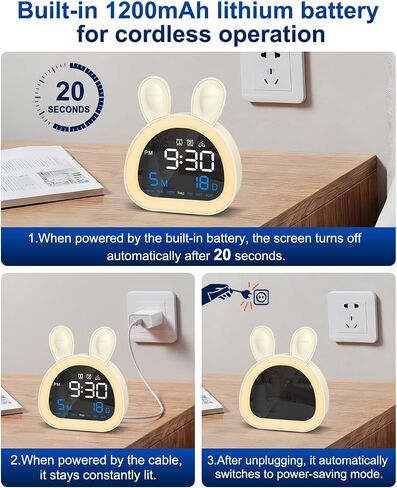 Kids Alarm Clock, OK to Wake Clock for Kids with Touch Control, Bluetooth Time Sync, 9-Color Night Light, 6 Soothing Sounds, Dual Alarm, Kids Alarm Clock Cute Rabbit Gifts for Girls in Saudi Arabia