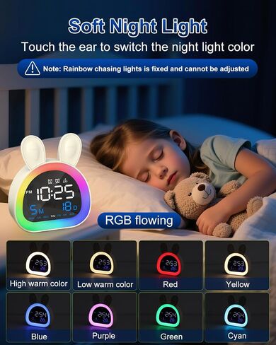 Kids Alarm Clock, OK to Wake Clock for Kids with Touch Control, Bluetooth Time Sync, 9-Color Night Light, 6 Soothing Sounds, Dual Alarm, Kids Alarm Clock Cute Rabbit Gifts for Girls in Saudi Arabia