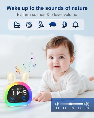 Kids Alarm Clock, OK to Wake Clock for Kids with Touch Control, Bluetooth Time Sync, 9-Color Night Light, 6 Soothing Sounds, Dual Alarm, Kids Alarm Clock Cute Rabbit Gifts for Girls in Saudi Arabia
