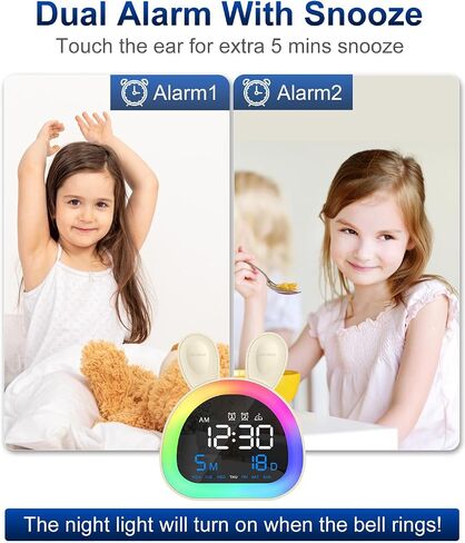 Kids Alarm Clock, OK to Wake Clock for Kids with Touch Control, Bluetooth Time Sync, 9-Color Night Light, 6 Soothing Sounds, Dual Alarm, Kids Alarm Clock Cute Rabbit Gifts for Girls in Saudi Arabia