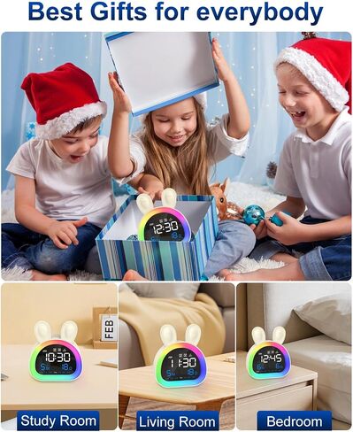 Kids Alarm Clock, OK to Wake Clock for Kids with Touch Control, Bluetooth Time Sync, 9-Color Night Light, 6 Soothing Sounds, Dual Alarm, Kids Alarm Clock Cute Rabbit Gifts for Girls in Saudi Arabia