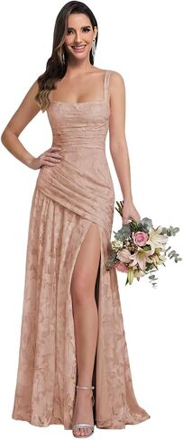 Square Neck Floral Lace Bridesmaid Dresses for Women Long Pleated Formal Evening Gowns with Slit in Saudi Arabia