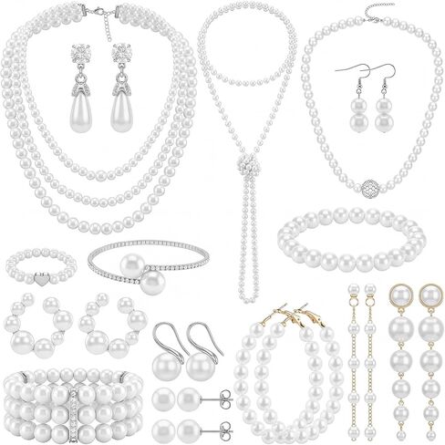 Huwena 15 Pcs Pearl Jewelry Set with Necklace, Earrings, Bracelets and Ring, Pearl Necklaces for Women, Faux Pearls Set Jewelry for Wedding Bridal Shower Christmas Tea Party in Kuwait