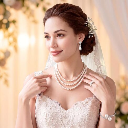 Huwena 15 Pcs Pearl Jewelry Set with Necklace, Earrings, Bracelets and Ring, Pearl Necklaces for Women, Faux Pearls Set Jewelry for Wedding Bridal Shower Christmas Tea Party in Kuwait