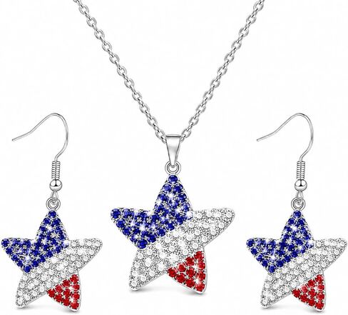 Go Ho 4th of July Patriotic Accessories for Women,Red White and Blue Star Earrings and Necklace,American Flag Jewelry Set for Party Daily Decorations Wear and Independence Day Gifts in Saudi Arabia