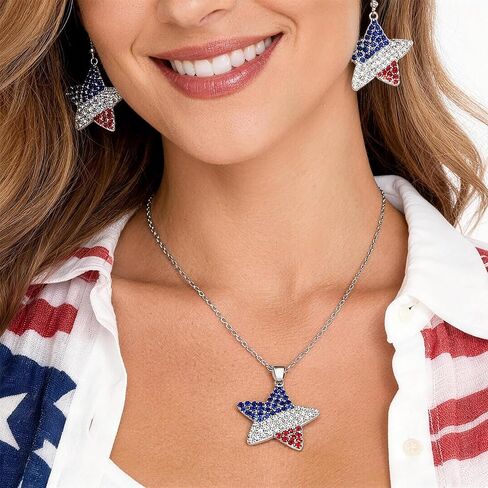 Go Ho 4th of July Patriotic Accessories for Women,Red White and Blue Star Earrings and Necklace,American Flag Jewelry Set for Party Daily Decorations Wear and Independence Day Gifts in Saudi Arabia