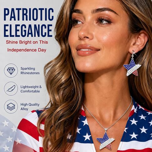 Go Ho 4th of July Patriotic Accessories for Women,Red White and Blue Star Earrings and Necklace,American Flag Jewelry Set for Party Daily Decorations Wear and Independence Day Gifts in Saudi Arabia