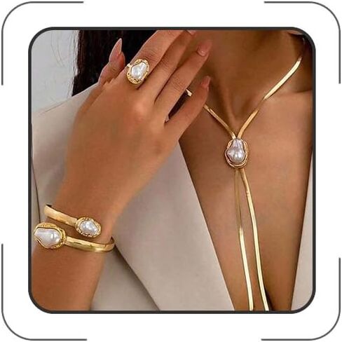 Gold Jewelry Sets for Women Long Y-shaped Necklaces & Earrings Set Baroque Pearl Flower Necklace Set, Prom Wedding Dress Accessories in Kuwait