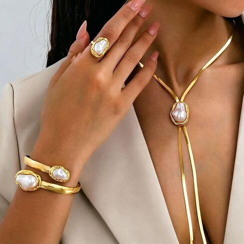 Gold Jewelry Sets for Women Long Y-shaped Necklaces & Earrings Set Baroque Pearl Flower Necklace Set, Prom Wedding Dress Accessories in Kuwait