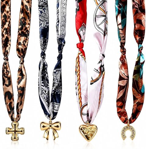 Scarf Necklace with Charm for Women - 4 Pack Western Cowgirl Horseshoe Necklace with Card Scarf Bow Cross Bandana Necklaces Jewelry Gift for Mom Daughter Girlfriend Bestie‌ Birthday Graduation Anniversary‌ Mothers Day in Saudi Arabia