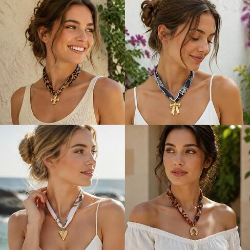 Scarf Necklace with Charm for Women - 4 Pack Western Cowgirl Horseshoe Necklace with Card Scarf Bow Cross Bandana Necklaces Jewelry Gift for Mom Daughter Girlfriend Bestie‌ Birthday Graduation Anniversary‌ Mothers Day in Saudi Arabia