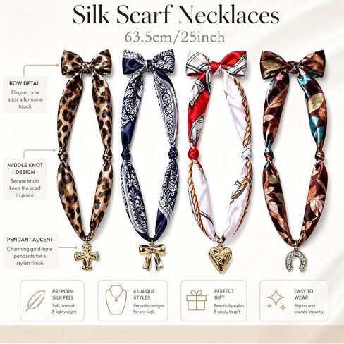 Scarf Necklace with Charm for Women - 4 Pack Western Cowgirl Horseshoe Necklace with Card Scarf Bow Cross Bandana Necklaces Jewelry Gift for Mom Daughter Girlfriend Bestie‌ Birthday Graduation Anniversary‌ Mothers Day in Saudi Arabia