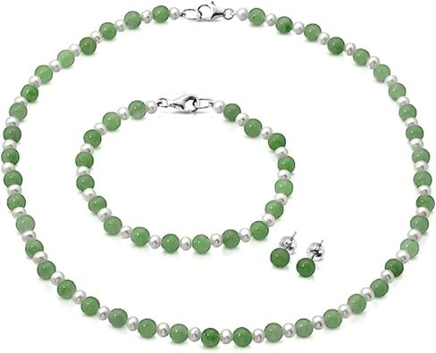 Regalia by Ulti Ramos .925 Sterling Silver Genuine 6mm Jade and Freshwater Cultured Pearl Necklace, Bracelet, and Stud Earrings Jewelry in Saudi Arabia