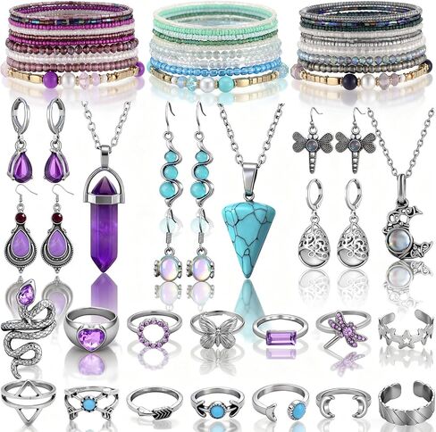 Tondiamo Boho Jewelry for Women Western Jewelry Sets Pendant Necklace, Earrings, Stackable Beaded Bracelets, Rings for Women Vintage Anniversary Birthday Gifts in Kuwait