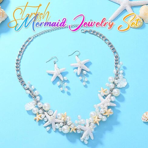 مجموعة مجوهرات حورية البحر من Aukmla Starfish قلادة من اللؤلؤ الفضي وأقراط مجوهرات الزفاف على الشاطئ للنساء in Kuwait