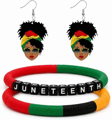 طقم مجوهرات طويل من tianian Juneteenth للنساء أقراط وأساور من Juneteenth أحمر أخضر أسود أصفر إكسسوارات يوم الحرية هدايا in Kuwait