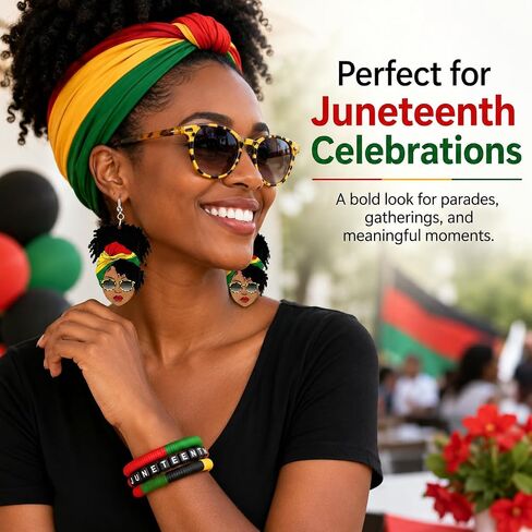 طقم مجوهرات طويل من tianian Juneteenth للنساء أقراط وأساور من Juneteenth أحمر أخضر أسود أصفر إكسسوارات يوم الحرية هدايا in Kuwait