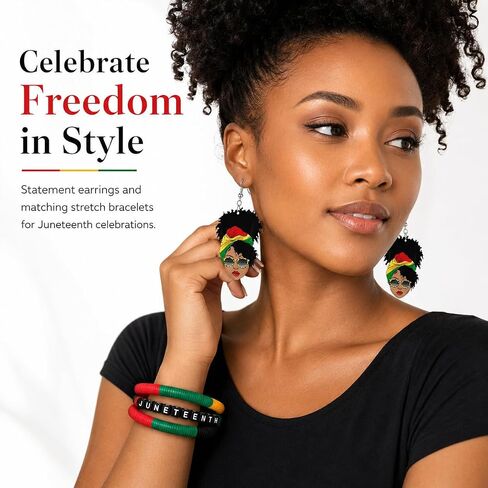 طقم مجوهرات طويل من tianian Juneteenth للنساء أقراط وأساور من Juneteenth أحمر أخضر أسود أصفر إكسسوارات يوم الحرية هدايا in Kuwait