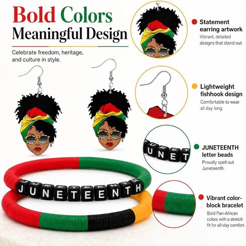 طقم مجوهرات طويل من tianian Juneteenth للنساء أقراط وأساور من Juneteenth أحمر أخضر أسود أصفر إكسسوارات يوم الحرية هدايا in Kuwait