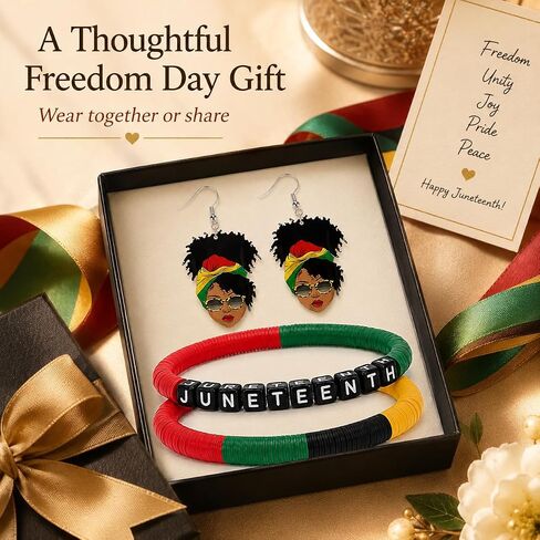 طقم مجوهرات طويل من tianian Juneteenth للنساء أقراط وأساور من Juneteenth أحمر أخضر أسود أصفر إكسسوارات يوم الحرية هدايا in Kuwait