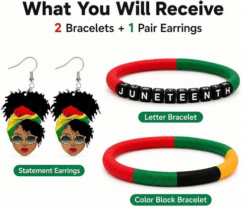 طقم مجوهرات طويل من tianian Juneteenth للنساء أقراط وأساور من Juneteenth أحمر أخضر أسود أصفر إكسسوارات يوم الحرية هدايا in Kuwait