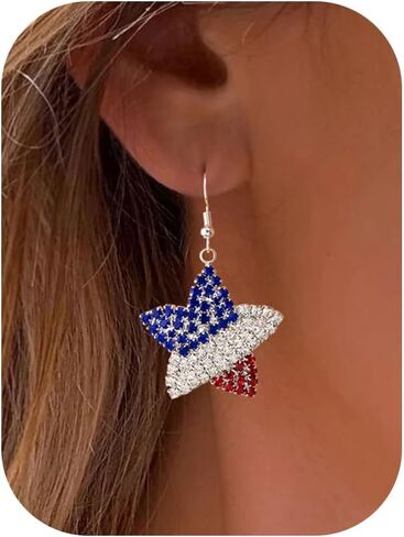 American Flag Earrings - 4th of July Patriotic Earrings Star Flower Heart Drop Dangle Earrings, Big Hoop Earring, Independence Day in Saudi Arabia