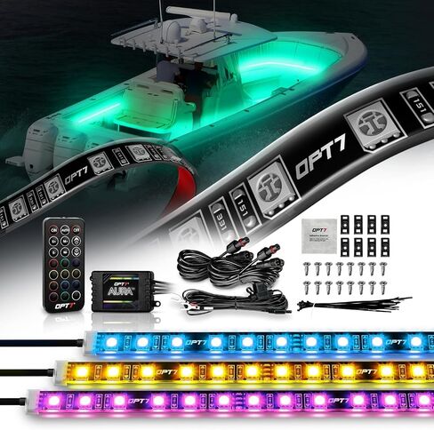 او بي تي 7 مصابيح LED للقارب البحري من اورا، مع شريط اضاءة داخلي RGB ساوند سينك ووضع متعدد الالوان، جهاز تحكم عن بعد لاسلكي، مصباح سطح مقاوم للماء بتصنيف IP67 لمقاومة المياه والغبار لصيد الاسماك in Kuwait