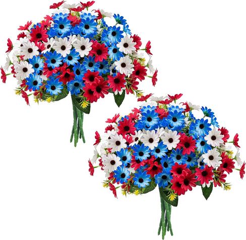 6 Bundles Red White and Blue Flowers, Artificial Daisy Flowers for Outdoor Memorial Day Flower for Cemetery Grave Independence Day Home Kitchen Party Decoration (11.42") in Kuwait