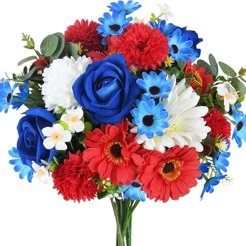 6 Bundles Red White and Blue Flowers, Artificial Daisy Flowers for Outdoor Memorial Day Flower for Cemetery Grave Independence Day Home Kitchen Party Decoration (11.42") in Kuwait