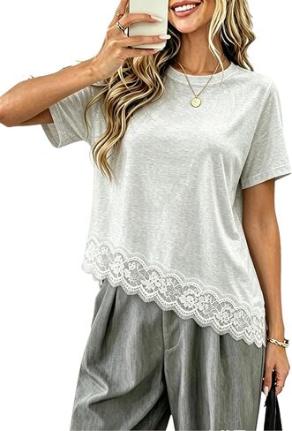 Aimiray Women's Lace Tops Short Sleeve Casual Asymmetrical Trim Shirts Patchwork Cotton Top Loose Summer Blouse in Saudi Arabia